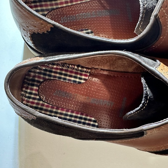 Johnston & Murphy Ellington wingtip sheepskin brown leather black suede oxfords - Picture 7 of 8
